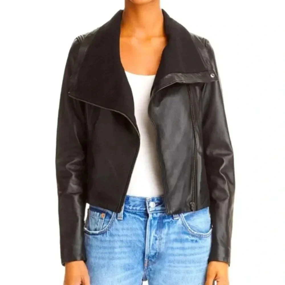 Yigal Azrouel 100% Leather Moto Jacket Coat Convertible Funnel Neck Zip Black XS